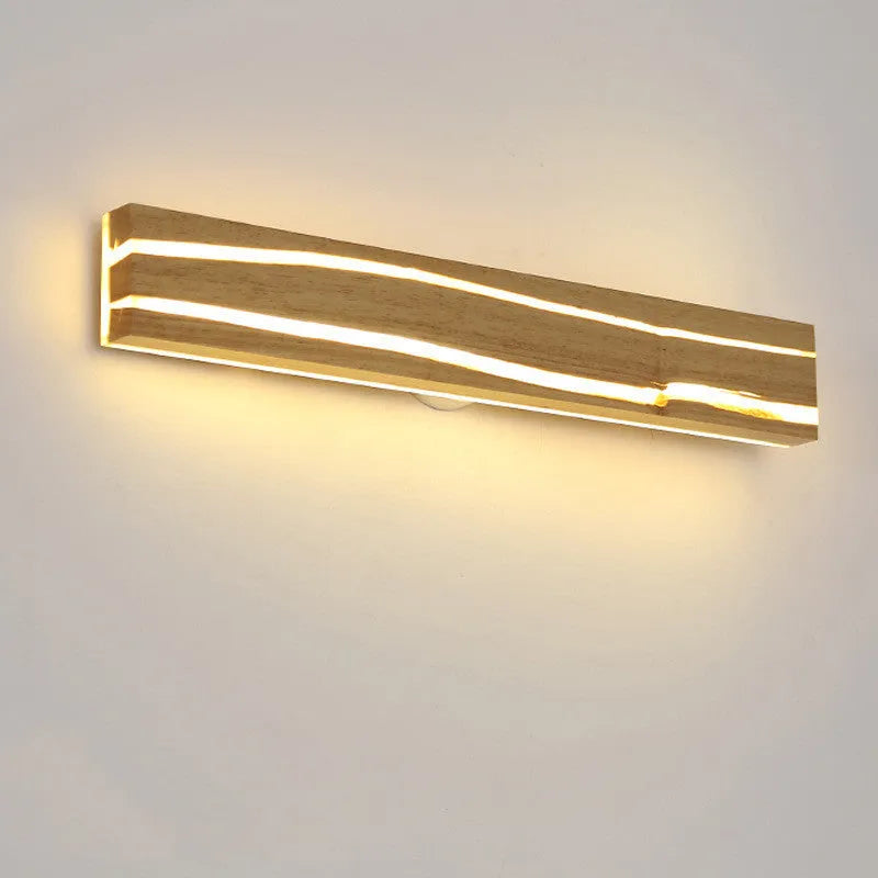 Solid wood rubberwood LED wall light in log colour with acrylic diffuser