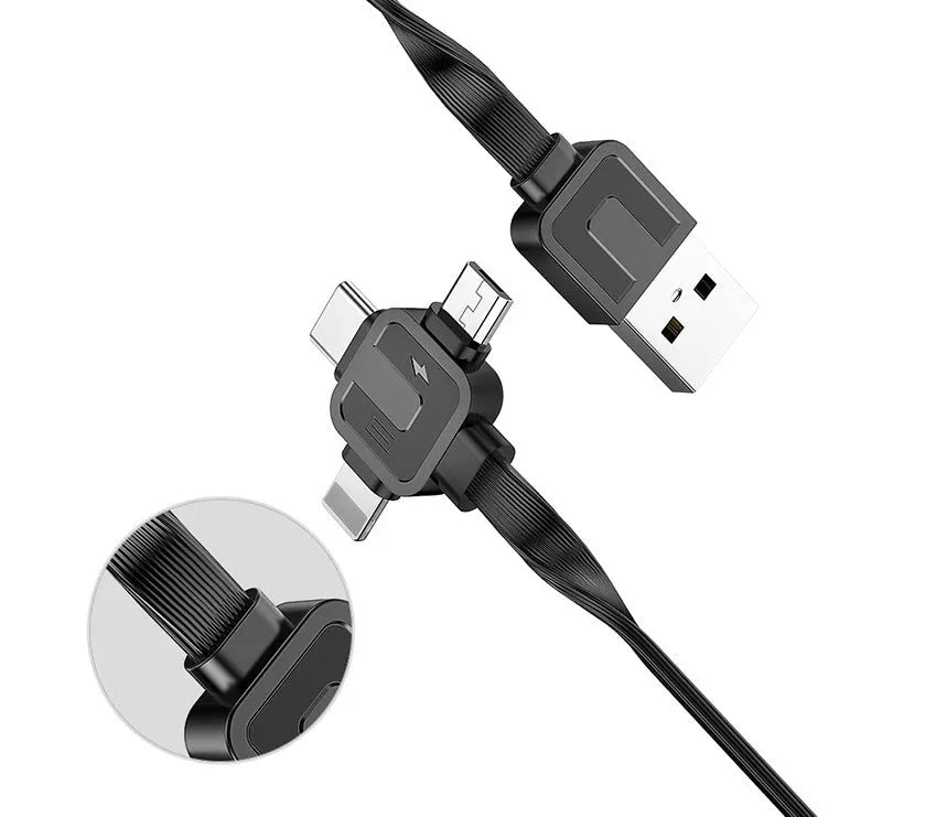 Telescopic three-in-one fast charging data cable extended to show iPhone, Android, and USB-C connectors