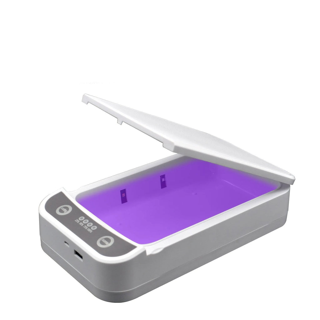 White UV disinfection box open showing internal compartment with UV lights, mobile phone inside