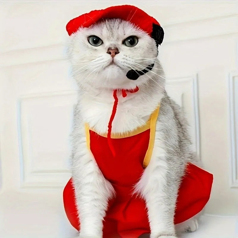 Handmade chef hat and knitted sweater set for a cat or small dog's birthday party