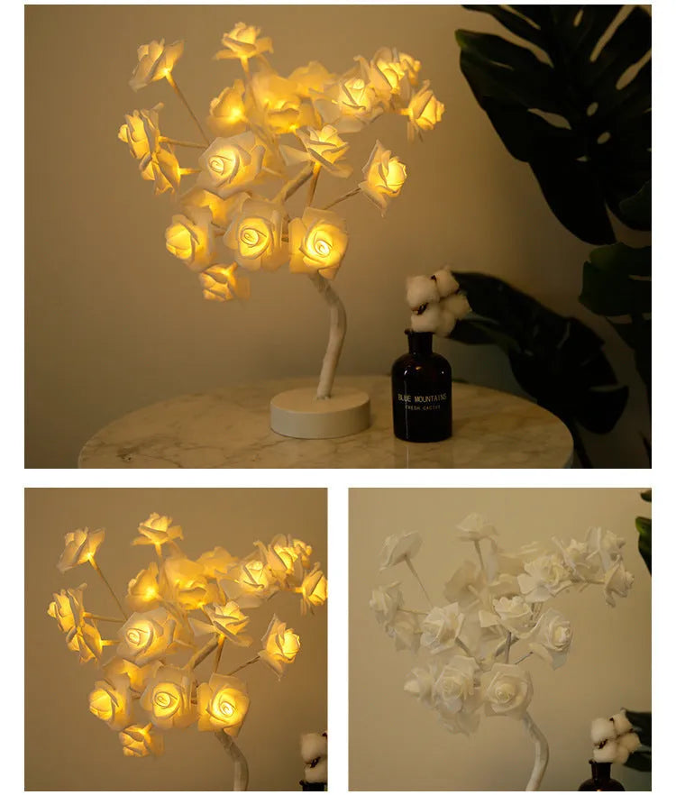 White and red rose flower LED table lamp with USB and battery power options
