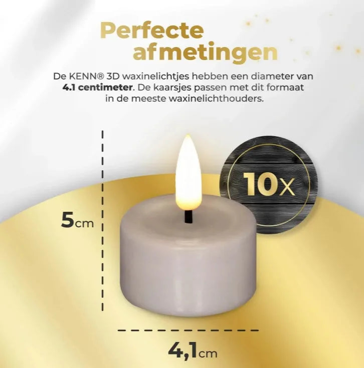 Four taupe coloured S10 3D flame LED tealight candles showing flickering light effect.