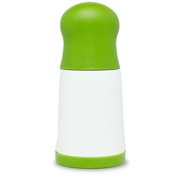 Manual PP plastic herb grinder with stainless steel blades and a removable top, shown upright.