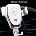 Black car wireless charger mounted on dashboard showing automatic clamp holding iPhone