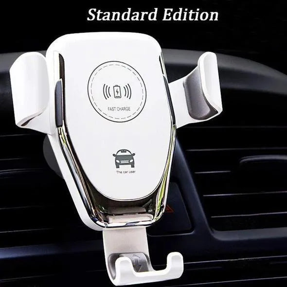 Black car wireless charger mounted on dashboard showing automatic clamp holding iPhone