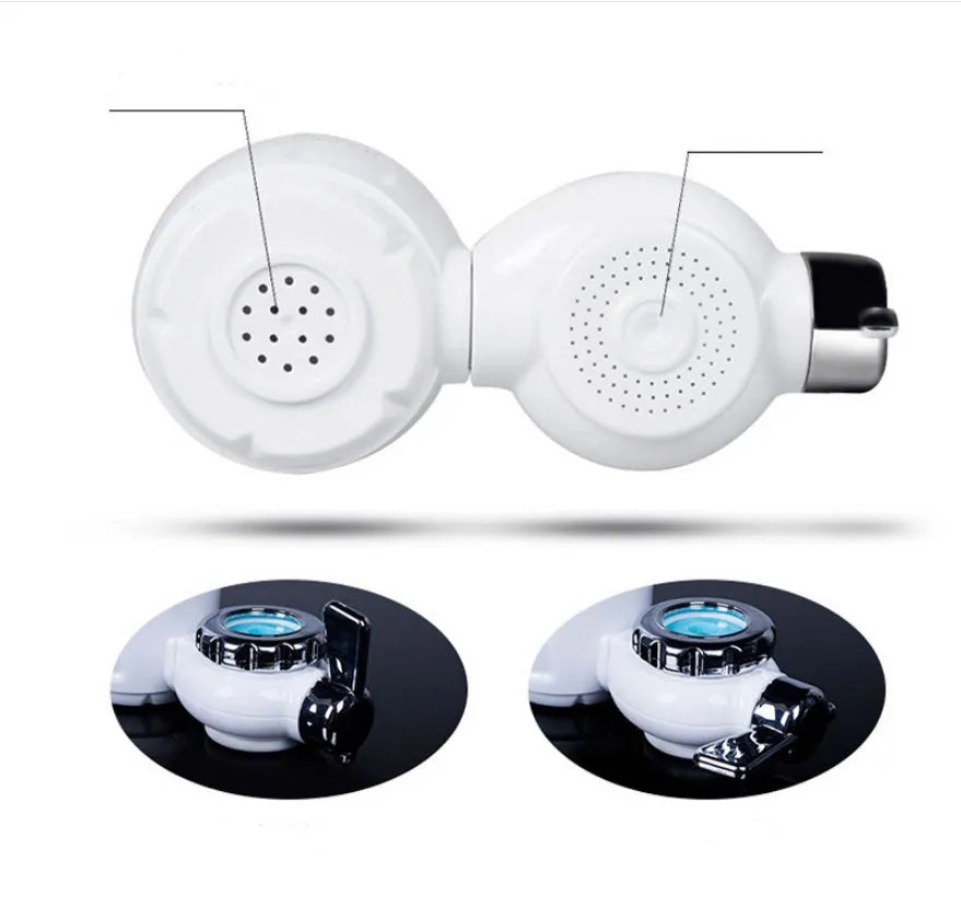 White plastic faucet water filter with switch lever and ceramic cartridge, shown with universal tap adapters.