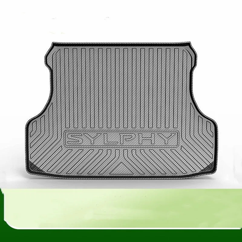 Black car boot protective mat with carbon fiber texture pattern, made from TPO+TPV material.
