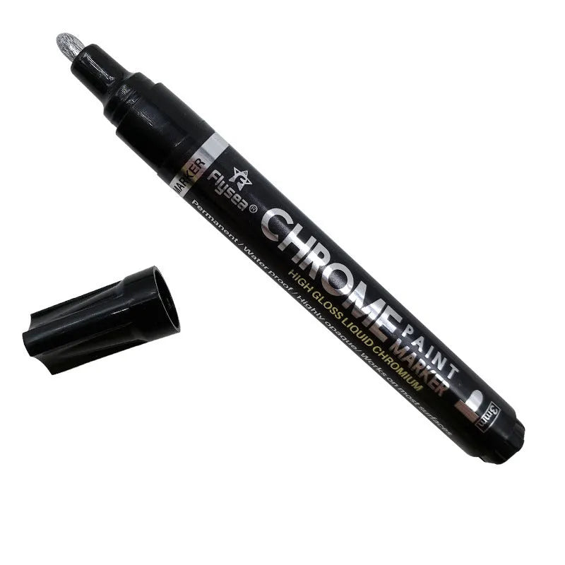 Flysea 3.0mm chrome metal marker pen with reflective paint for writing on multiple surfaces.
