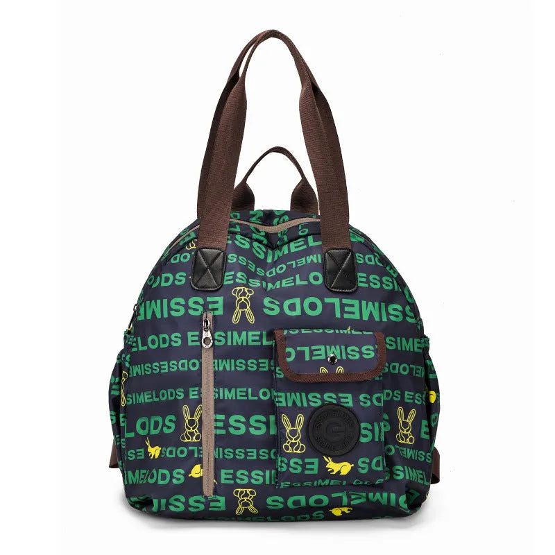 Large lightweight outdoor backpack in nylon, showing sandwich pocket, in black, khaki, or green letter print colours.