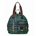 Large lightweight outdoor backpack in nylon, showing sandwich pocket, in black, khaki, or green letter print colours.