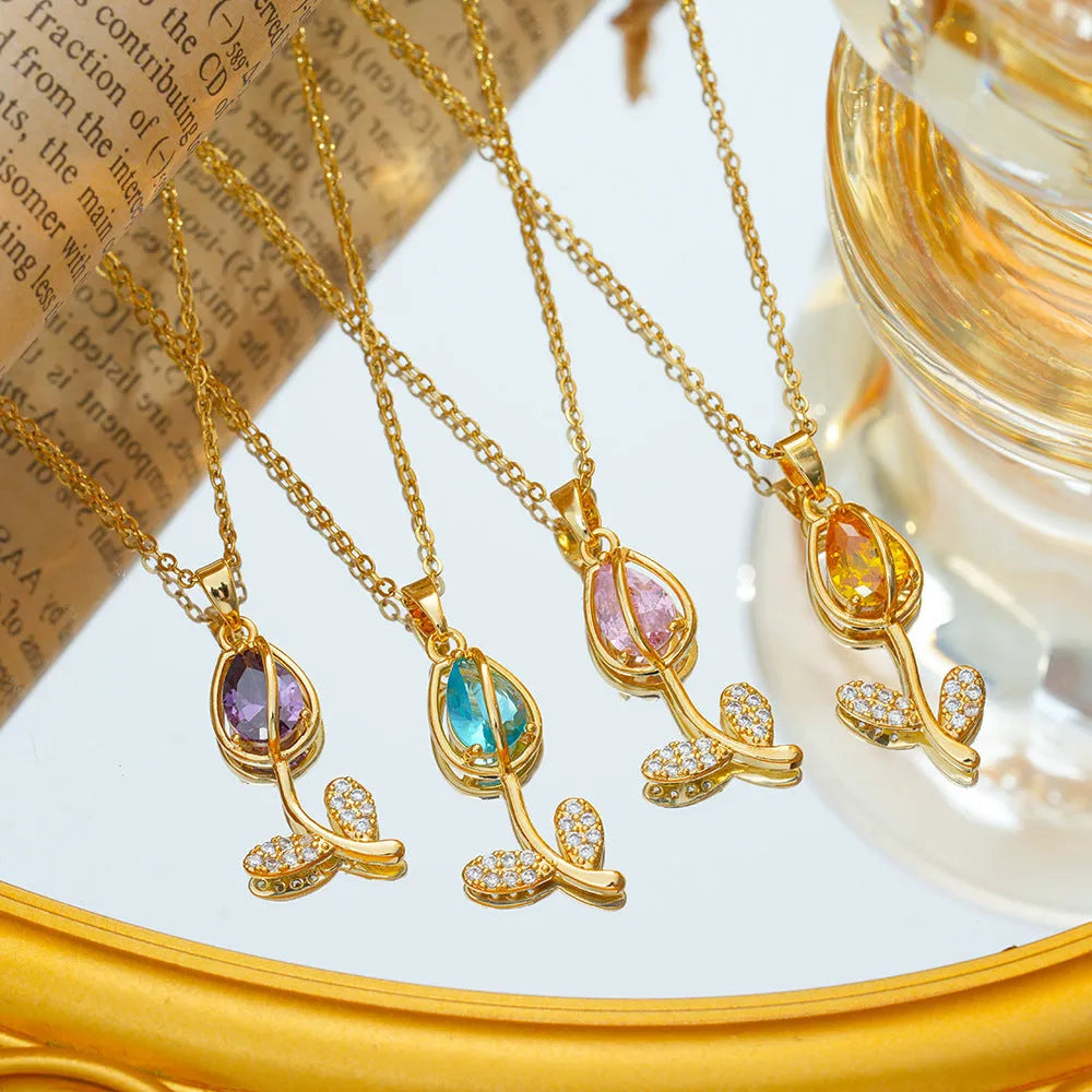 Zircon tulip necklace for women with copper-plated gold flower pendant on titanium steel chain.