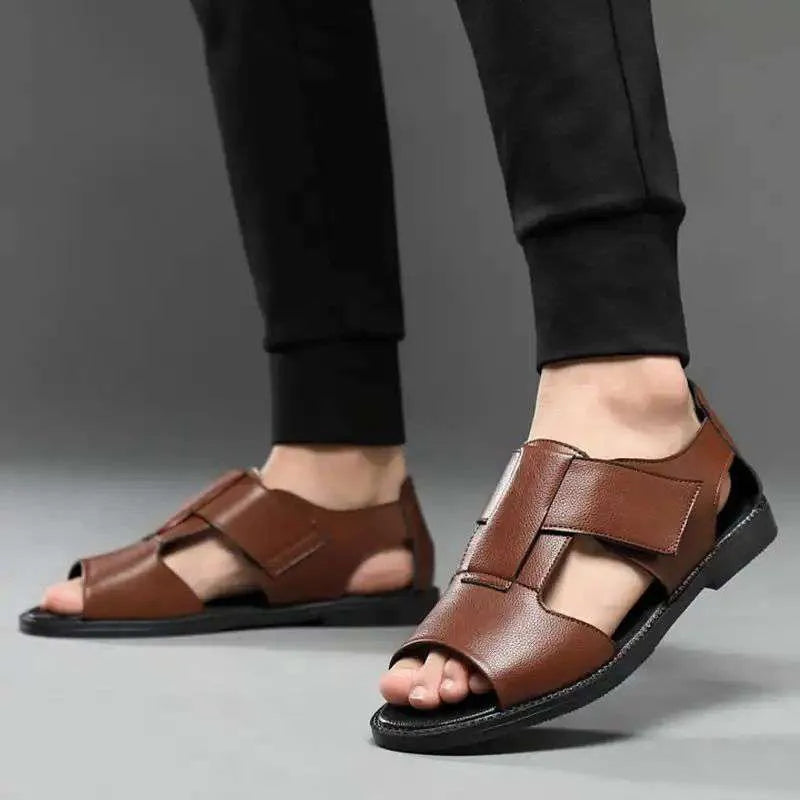Men's black and brown casual leather sandals with open toe and rubber sole.