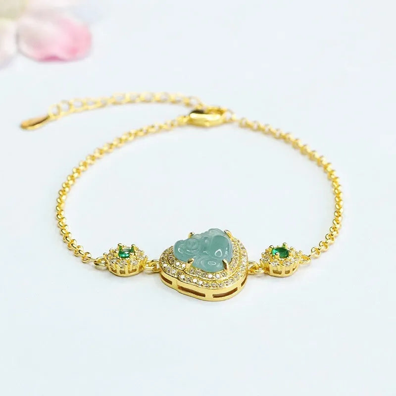 Emerald blue water jade bracelet with inlaid Maitreya Buddha charm measuring 10x13mm.