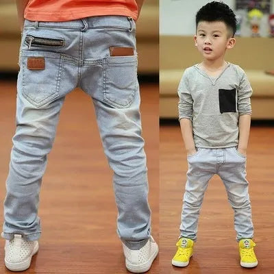 Boys' striped harem jeans with rubber band waist in sanded denim fabric