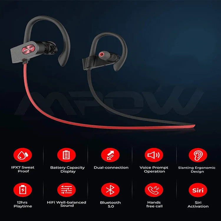 Red, black, and pink Bluetooth hanging ear earphones with bilateral stereo sound