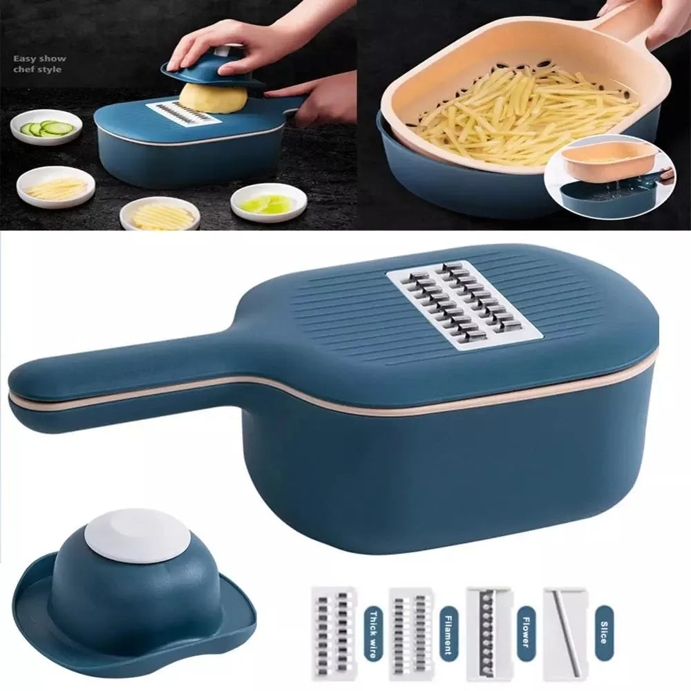 Dark blue vegetable cutter with four stainless steel blades, drain basket, and hand protection guard on kitchen counter