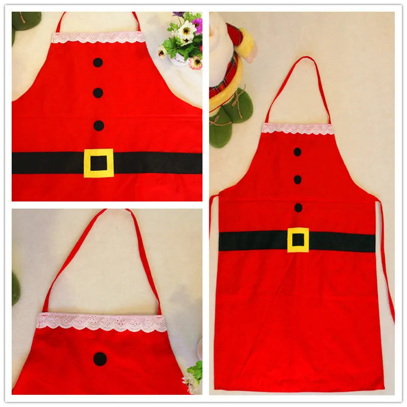 Red polyester Christmas apron with Merry Christmas text, shown in adult and children's sizes.