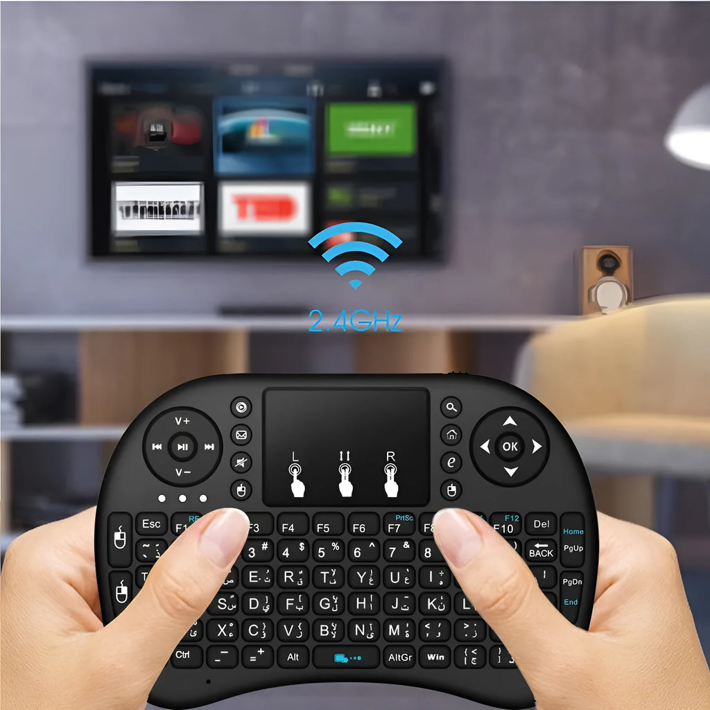 2.4G wireless mini keyboard with touchpad in black, 14.6 x 97.5 x 19 mm