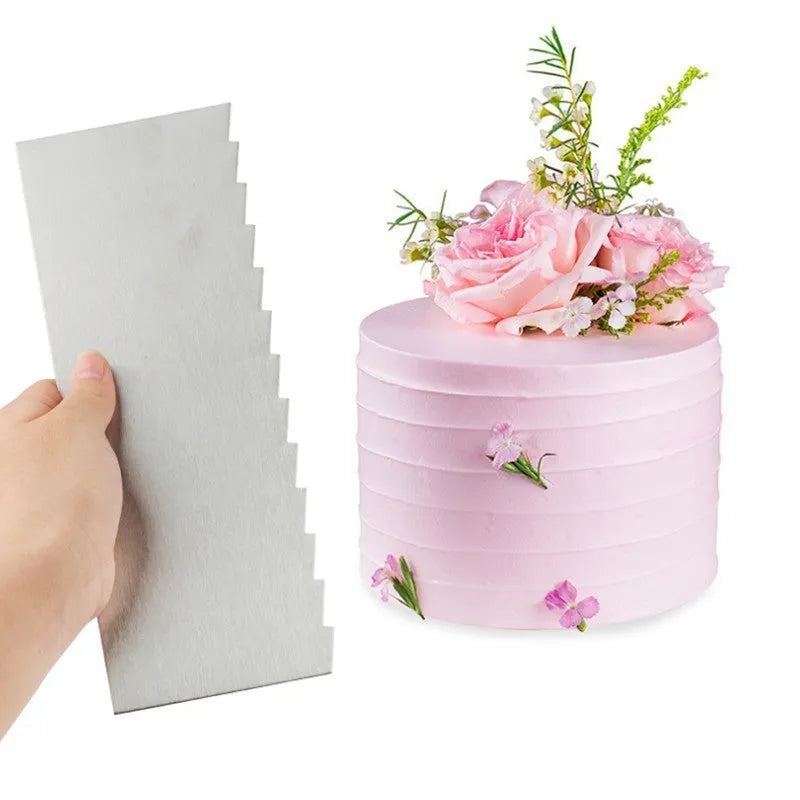 Stainless steel cake scraper with geometric polygon patterns for cake decorating