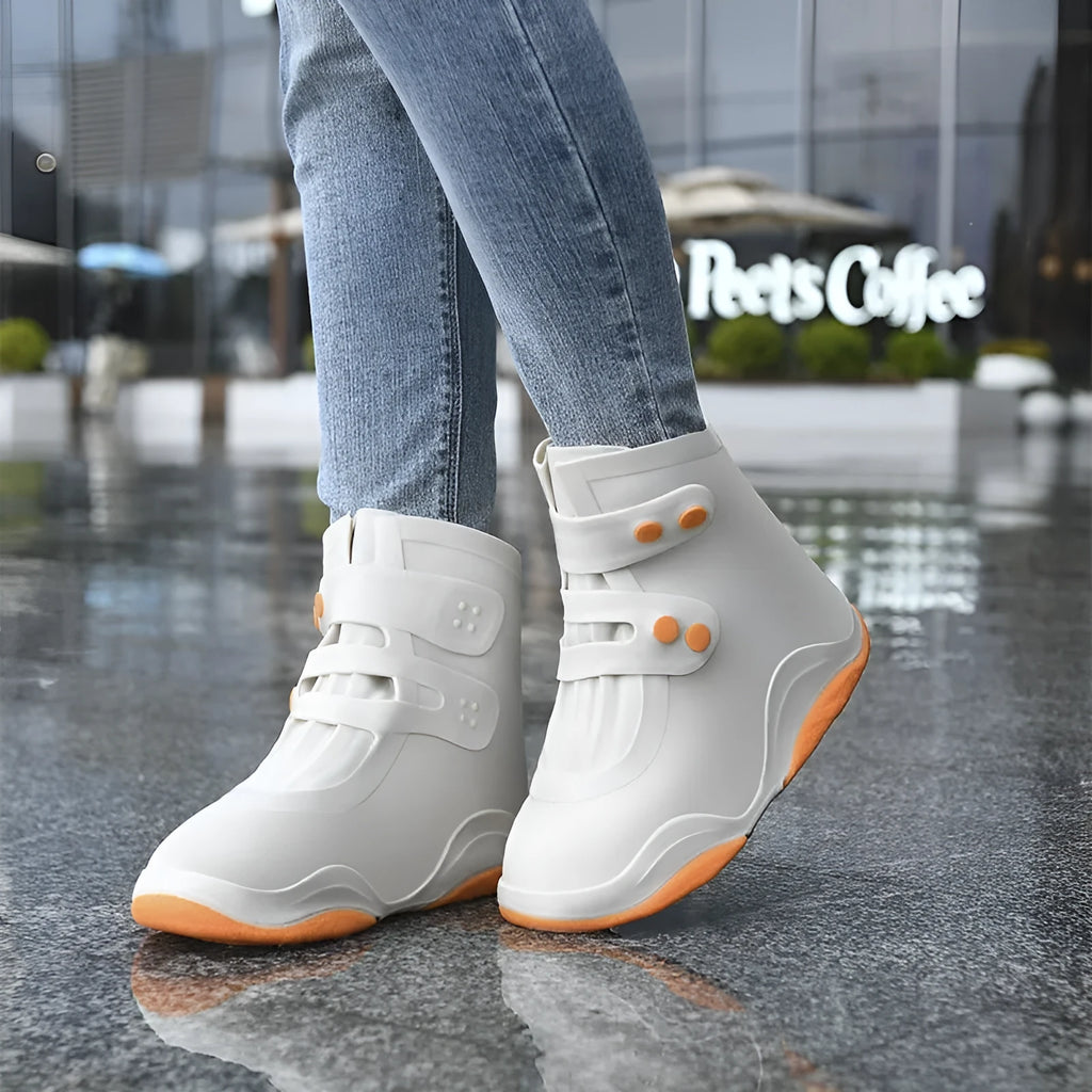 Set of waterproof silicone shoe covers in black, blue, orange, and white with non-slip soles