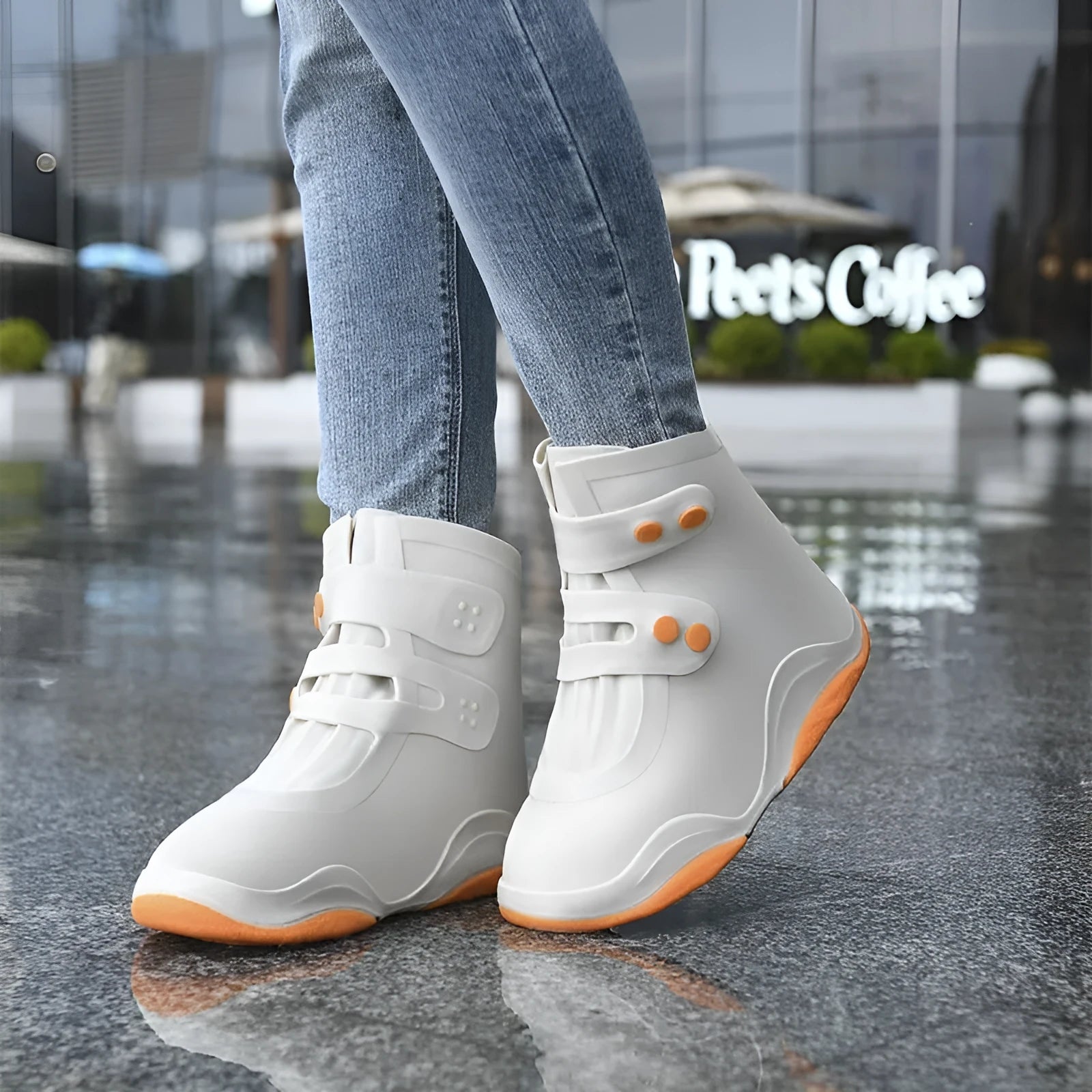 Set of waterproof silicone shoe covers in black, blue, orange, and white with non-slip soles