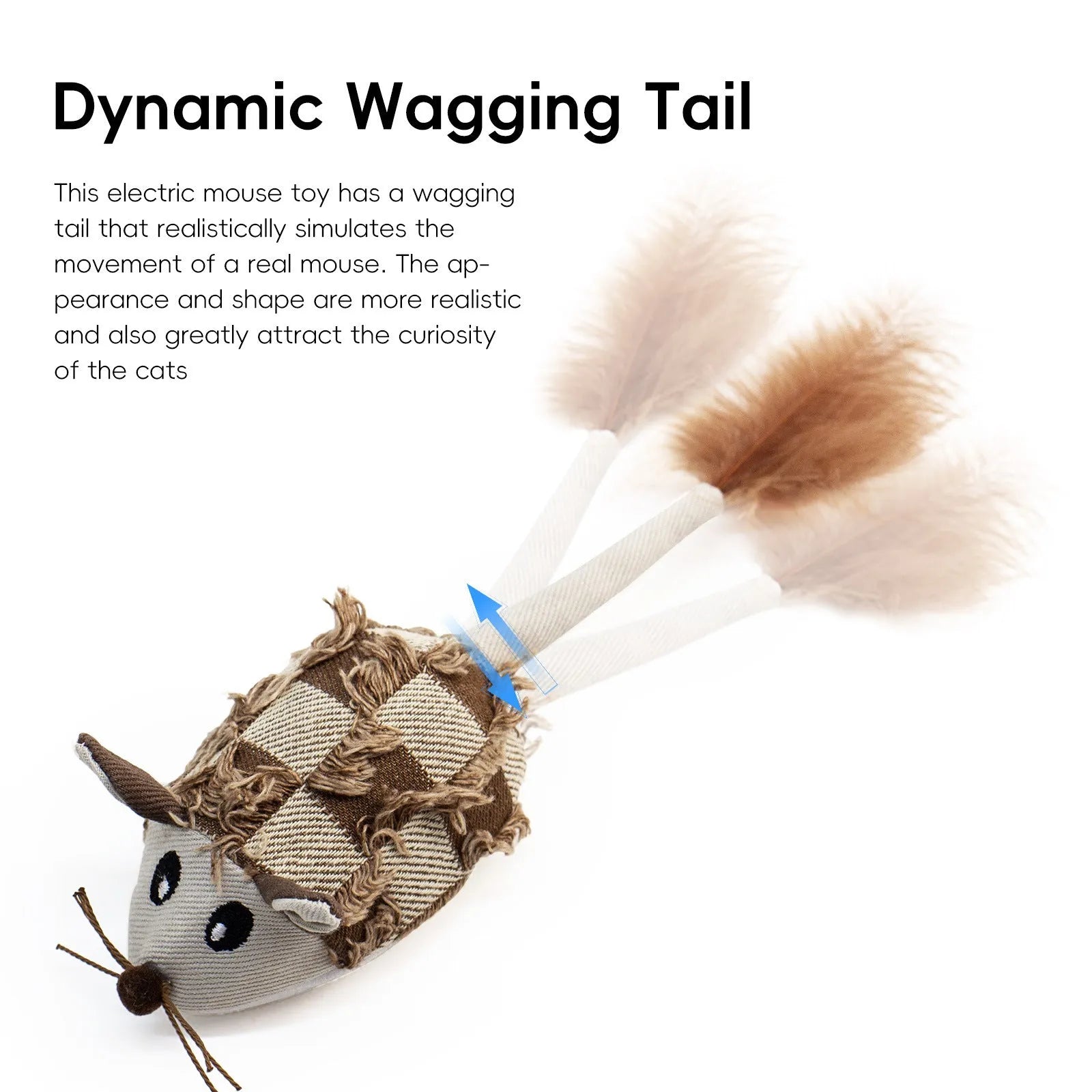 Electronic moving mouse cat toy with feather tail in blue or yellow colour options
