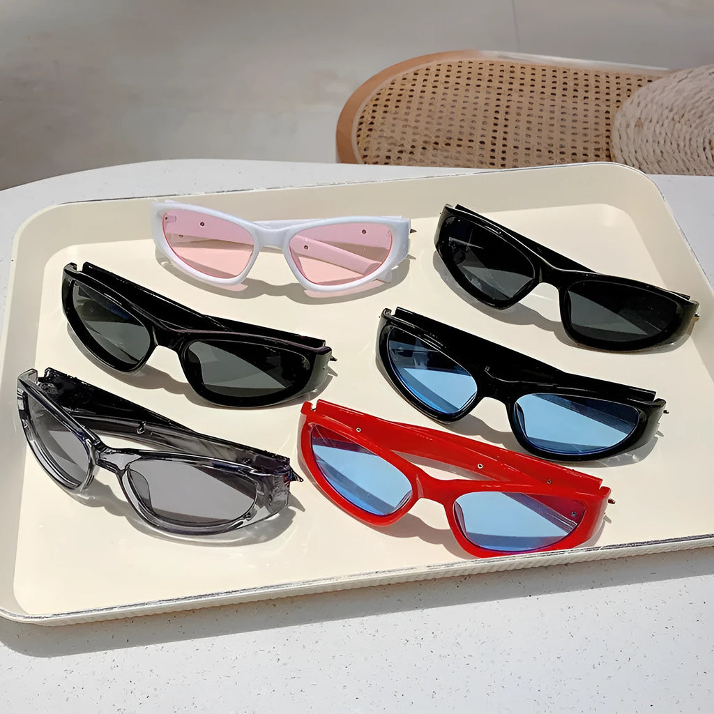 Windproof outdoor sports sunglasses with a PC frame and lens, shown in a black frame with blue lens colour option.