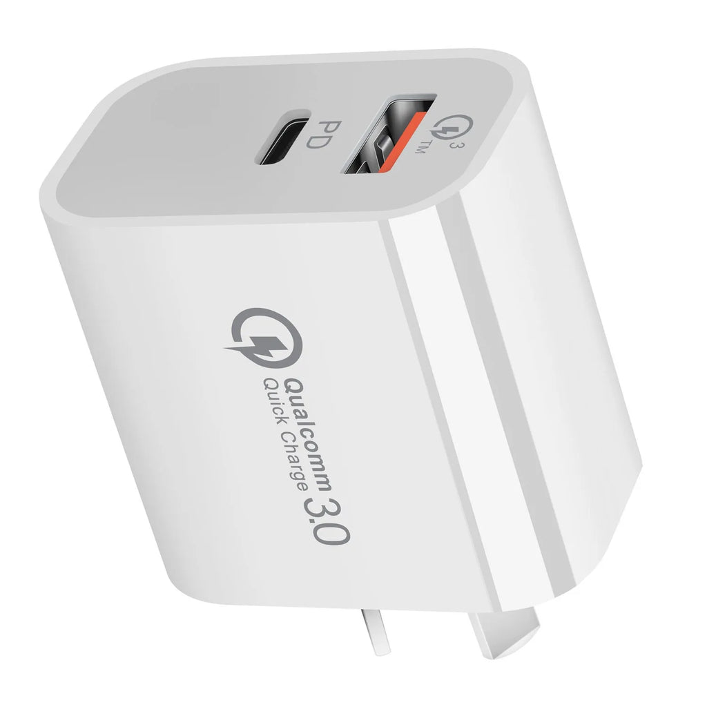 White Australian Standard dual-port USB charger with SAA certification label