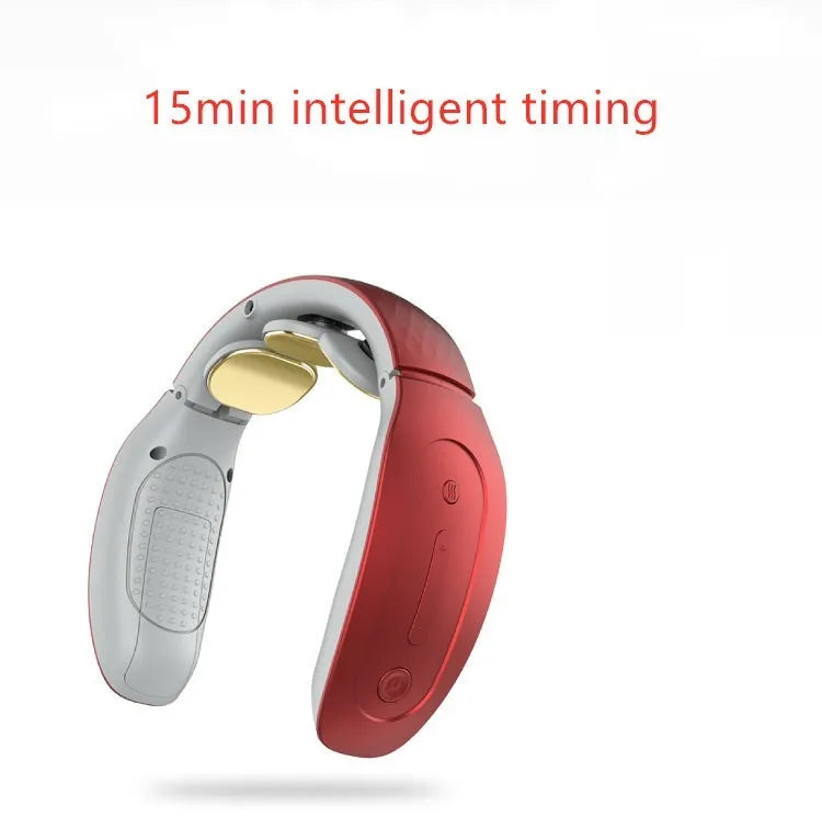 Red and white intelligent cervical massager unit with handheld design and multiple massage modes.