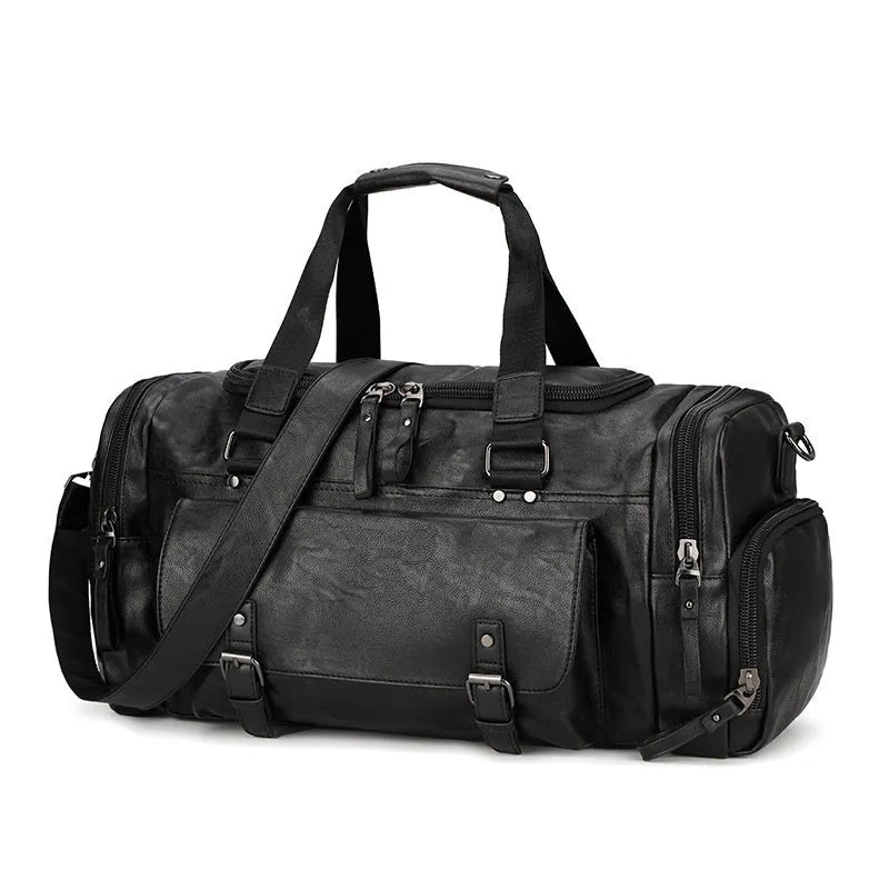 Large black PU travel bag with dimensions 52cm wide, open to show interior for shoe storage.