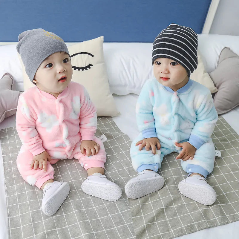 Baby wearing long sleeve flannel romper with animal print design