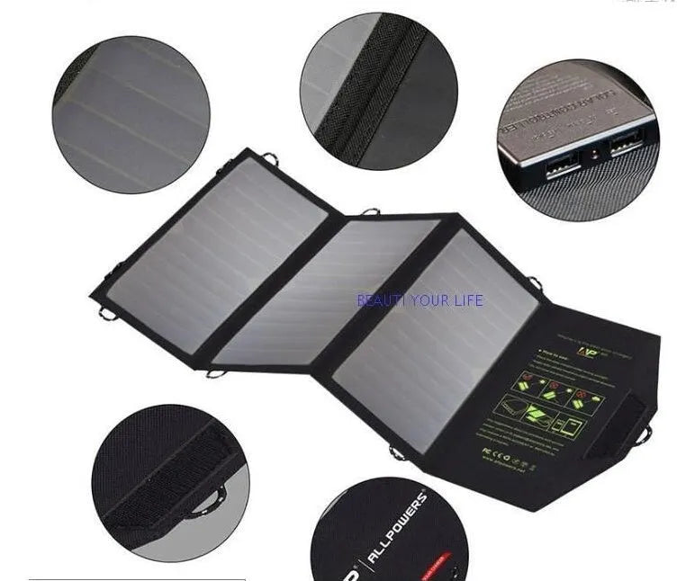 Black foldable solar panel charger with dual USB ports and mounting loops for backpacks
