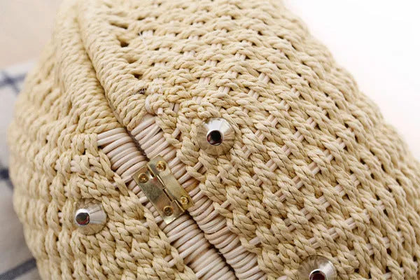 Rattan handbag in round woven straw style with hard shell and inner pocket