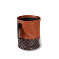 Retractable leather interior car trash can with handle, shown in colour as pictured.