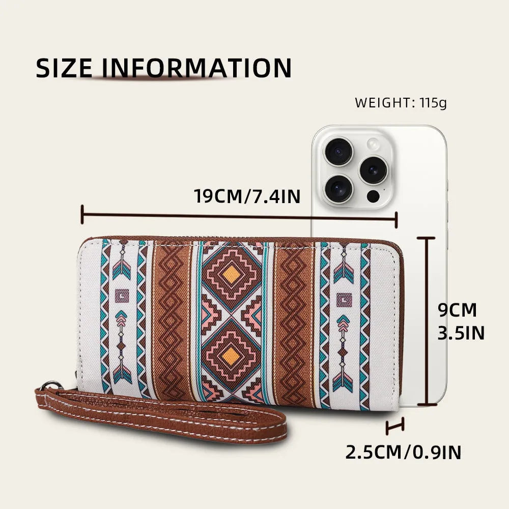 Bohemian striped canvas RFID wallet with a wind belt closure shown in beige.