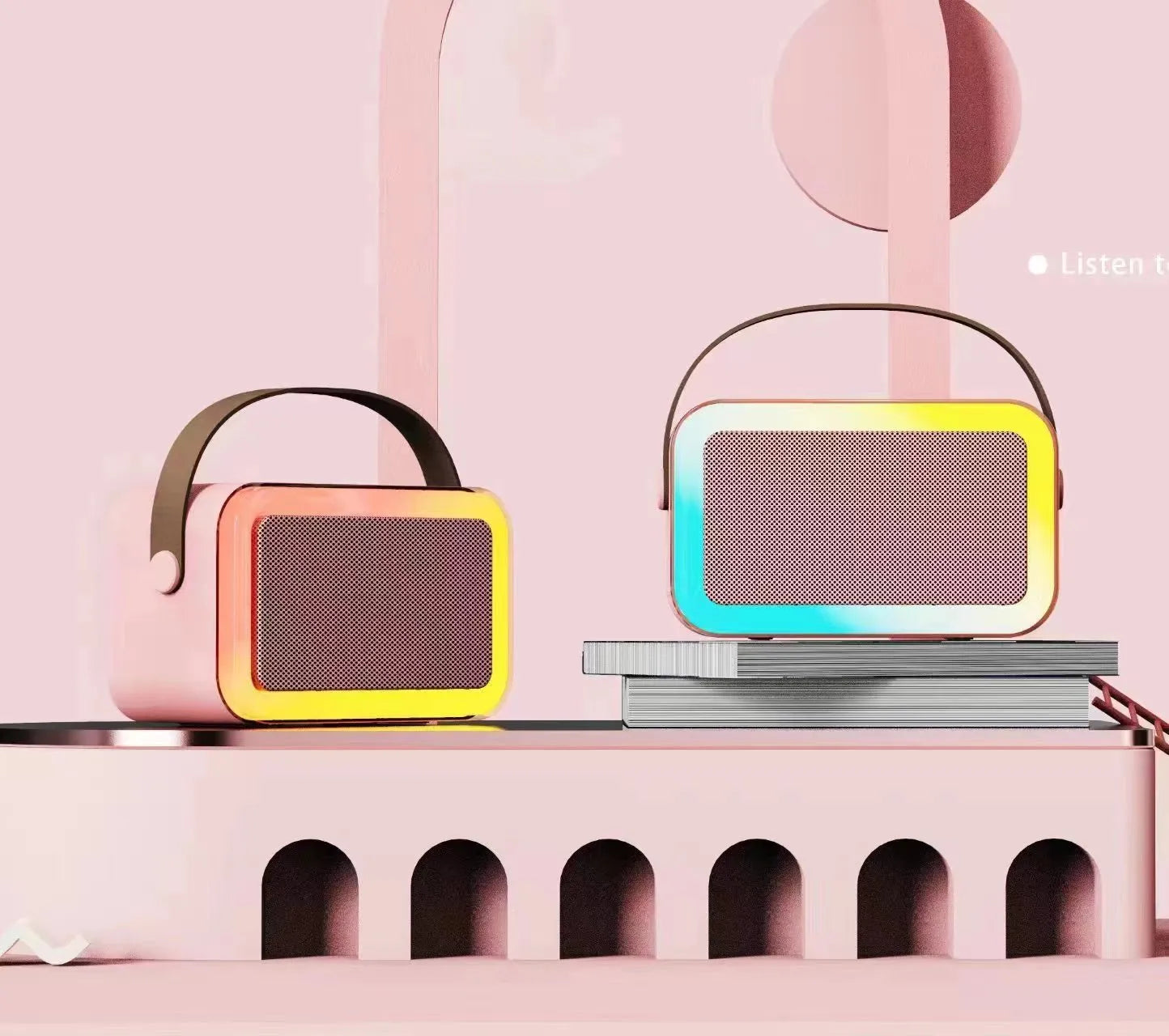 Portable Bluetooth karaoke microphone speaker with colourful LED lights in pink, sky blue, or white.