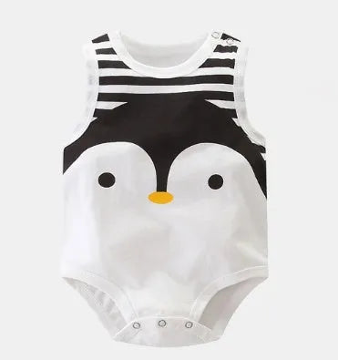 Newborn baby wearing a white sleeveless cotton vest with a colourful star print design.