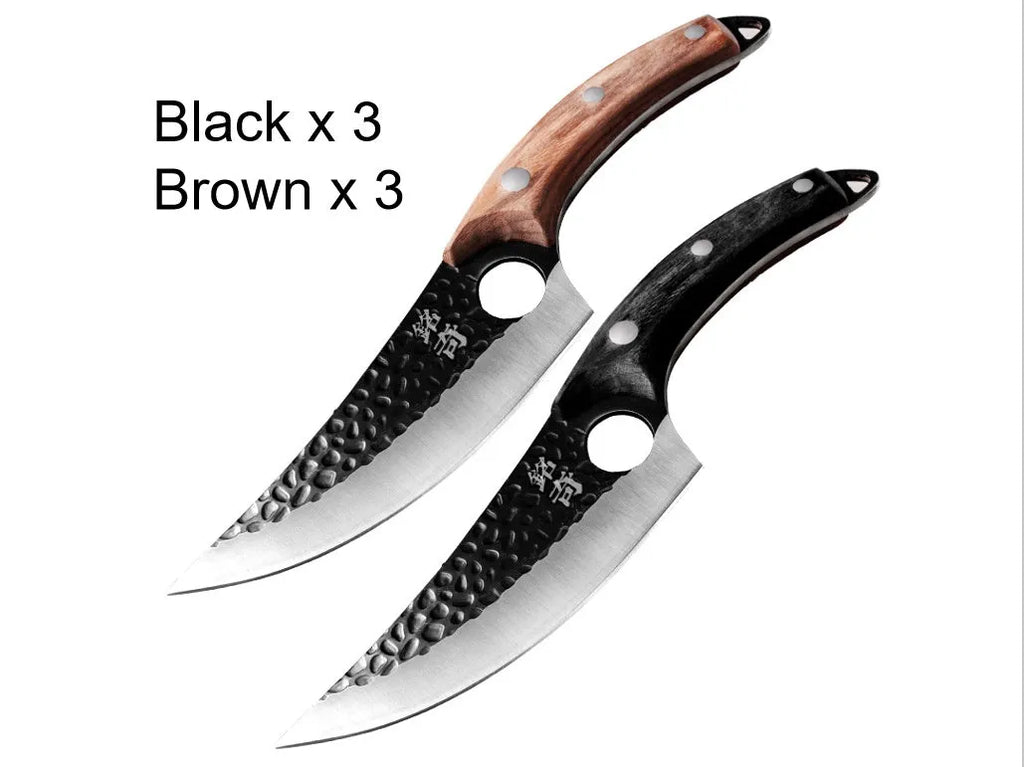 Butcher scimitar knife with curved blade and leather sheath for slaughtering and skinning animals