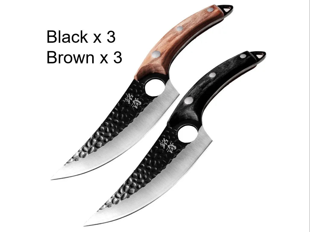 Butcher scimitar knife with curved blade and leather sheath for slaughtering and skinning animals