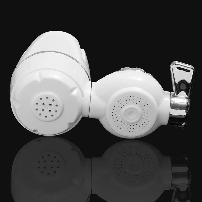 White plastic faucet water filter with switch lever and ceramic cartridge, shown with universal tap adapters.