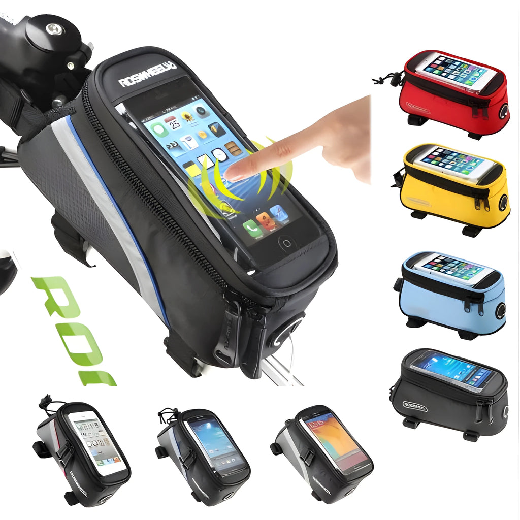 ROSWHEEL black bicycle frame phone bag mounted on bike with iPhone inside showing waterproof PVC construction