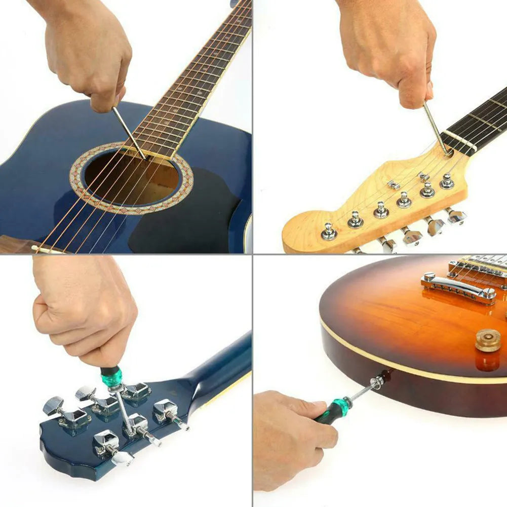 Black plastic case open to show metal guitar repair tools for maintenance