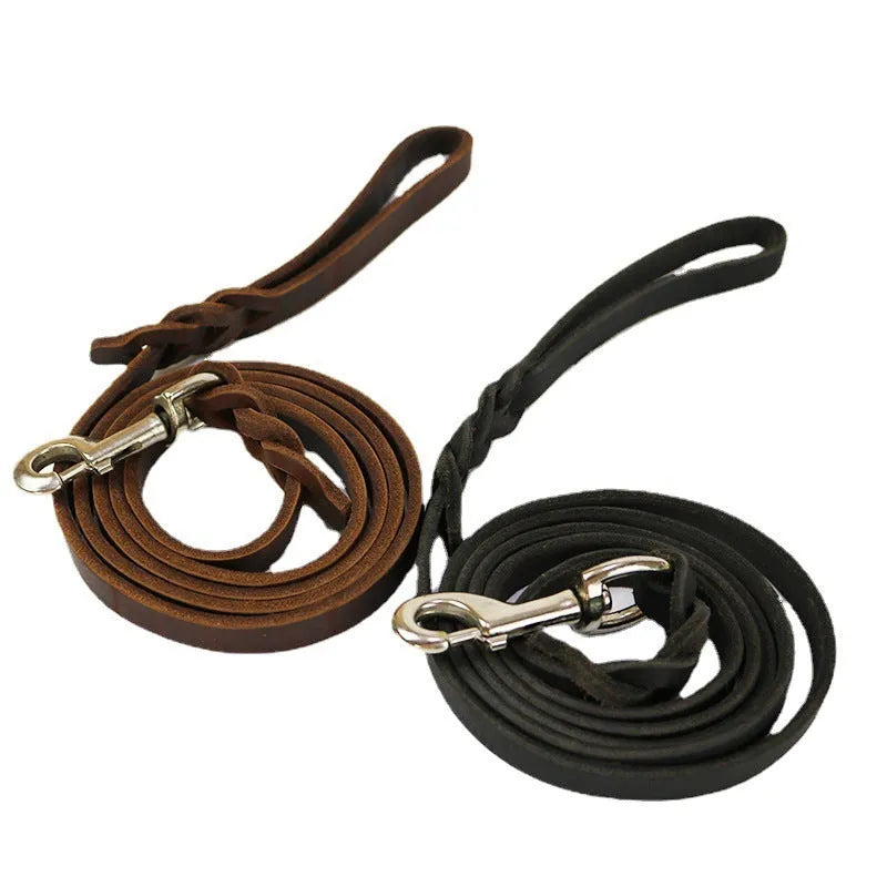 Cow leather dog walking rope in light brown or black colour for medium large breed dogs