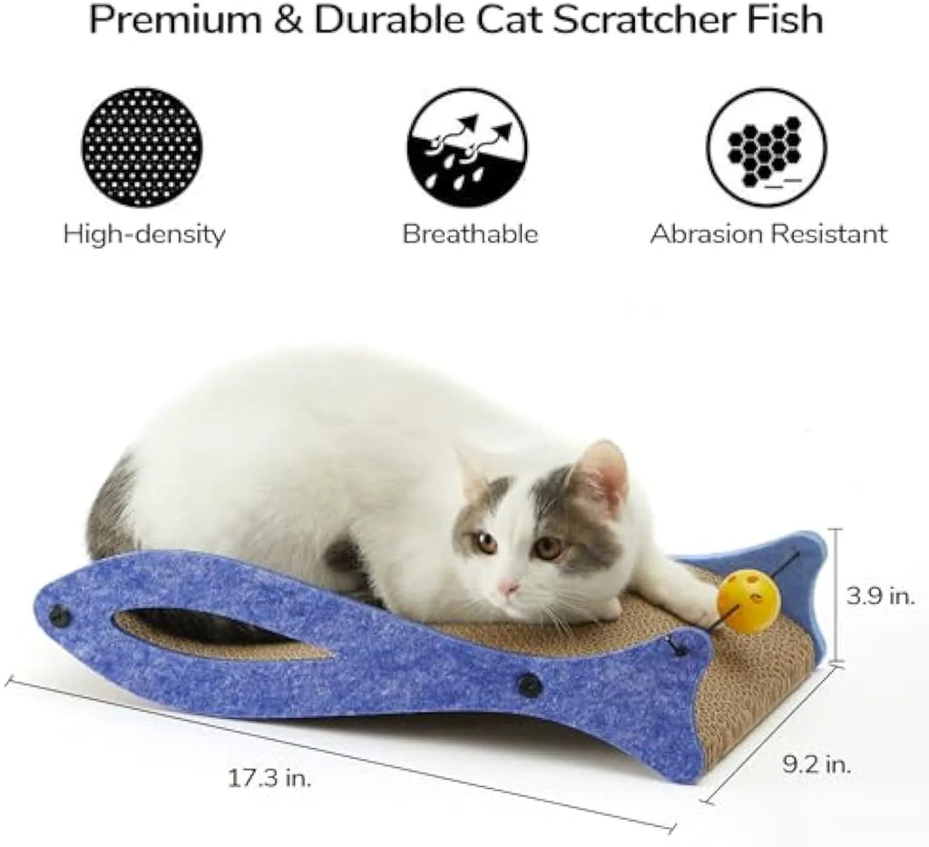Blue fish-shaped cardboard cat scratcher lounge with a dangling bell ball toy for indoor cats.