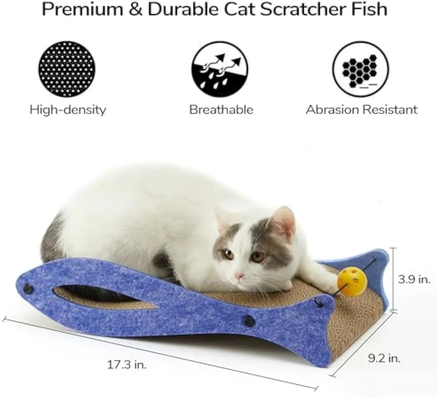 Blue fish-shaped cardboard cat scratcher lounge with a dangling bell ball toy for indoor cats.