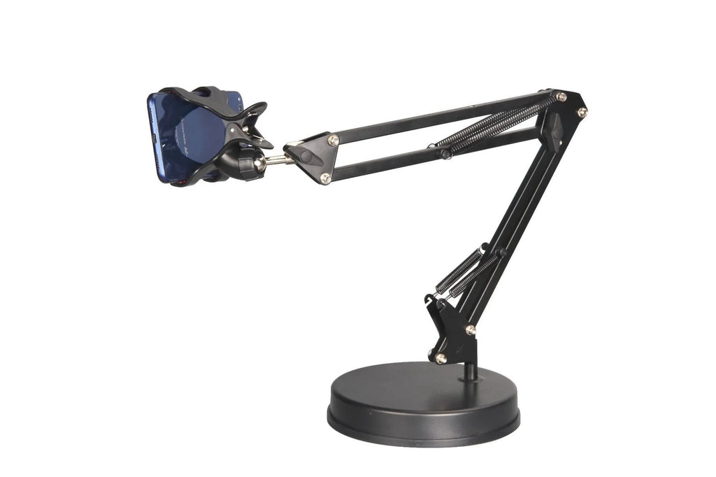 Universal mobile phone stand with adjustable metal arm and circular plastic base