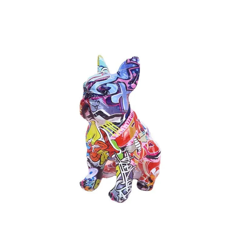 Modern graffiti-colour French Bulldog resin statue on a shelf
