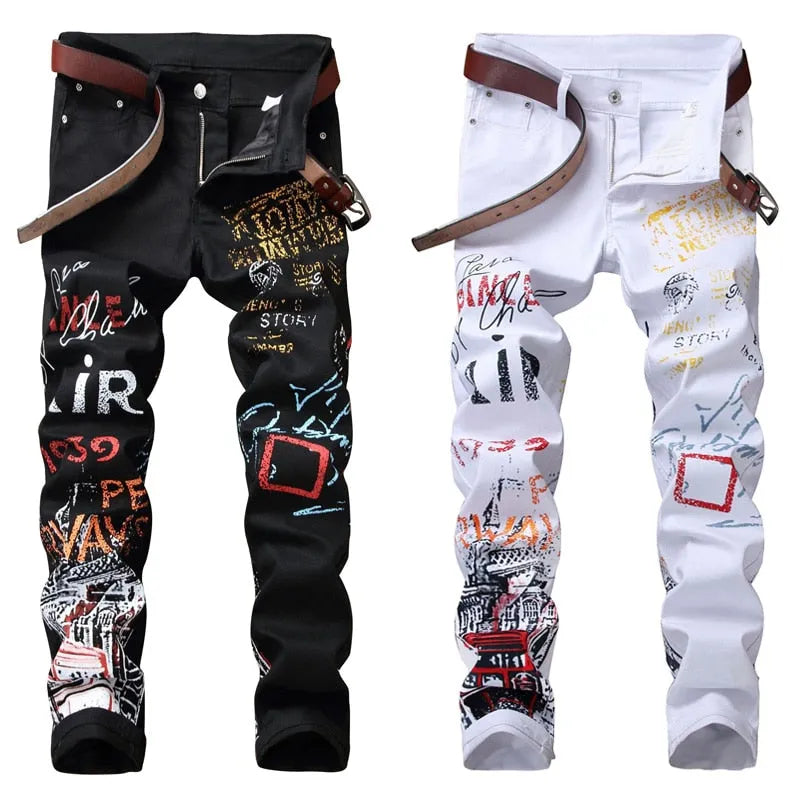 High Street Fashion mens tight fit jeans with 3D colour print mid waist zip placket small straight leg black cotton trousers