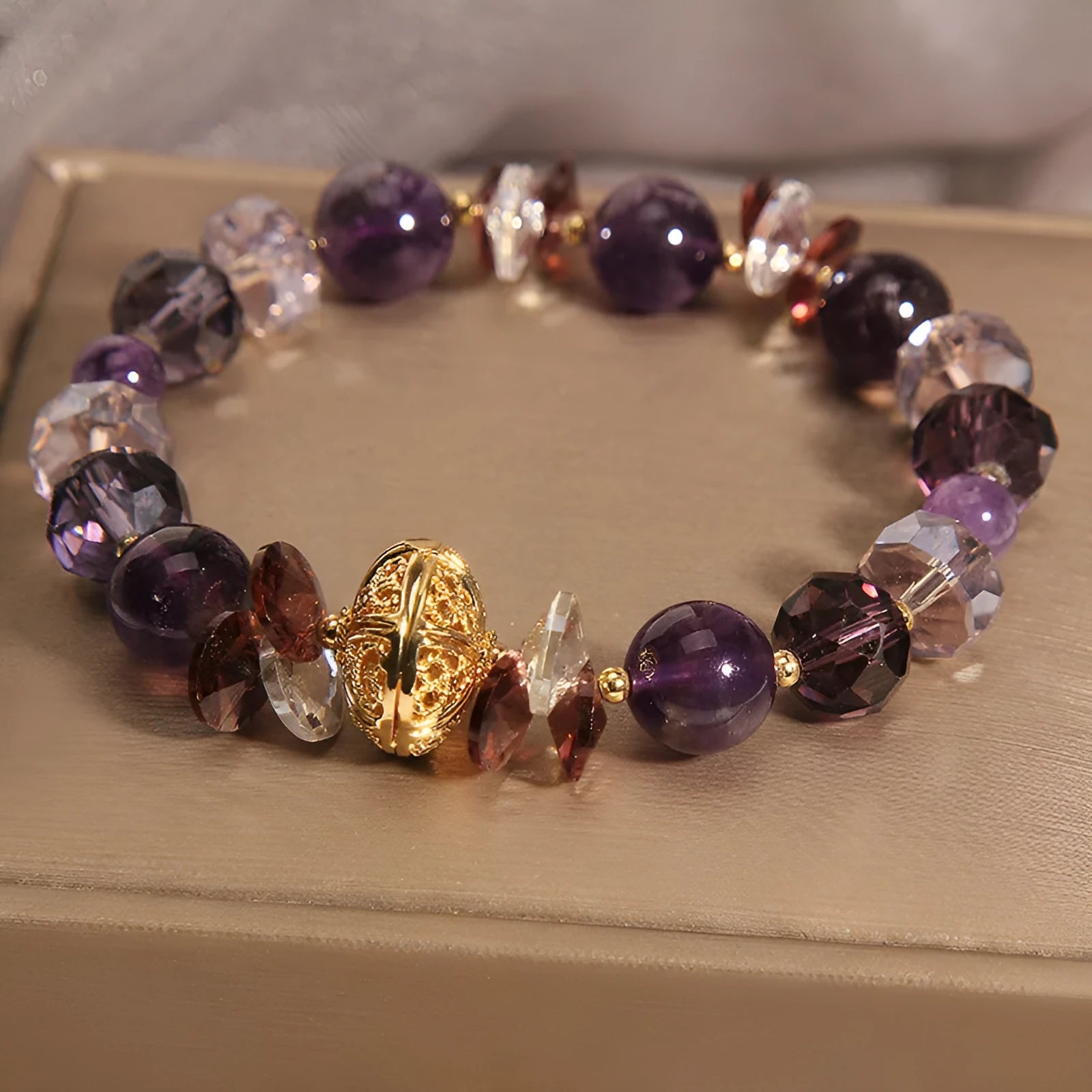 Purple crystal women's bracelet with pumpkin lucky beads and rhinestone decorative elements