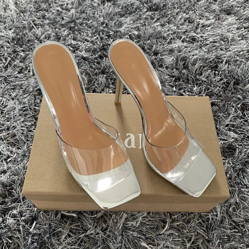 Women's black and silver fashion high heels with PVC soles available in sizes 34-43